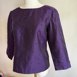 Talbots Deep Purple Pure Silk Beaded Jewel Evening Blouse 3/4 Sleeve Size 8